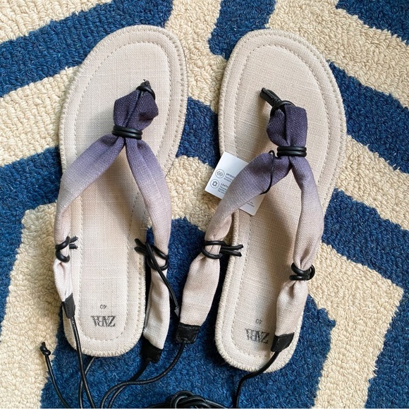 🐚 ZARA BOHO LEATHER GREY WHITE OMBRE WRAP GLADIATOR FLIP FLOPS! - Picture 7 of 16